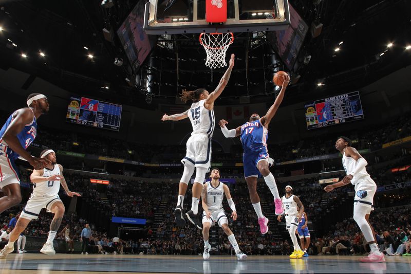 MEMPHIS, TN - APRIL 6: Buddy Heild #17 of the Philadelphia 76ers drives to the basket during the game against the Memphis Grizzlies on April 6, 2024 at FedExForum in Memphis, Tennessee. NOTE TO USER: User expressly acknowledges and agrees that, by downloading and or using this photograph, User is consenting to the terms and conditions of the Getty Images License Agreement. Mandatory Copyright Notice: Copyright 2024 NBAE (Photo by Joe Murphy/NBAE via Getty Images)