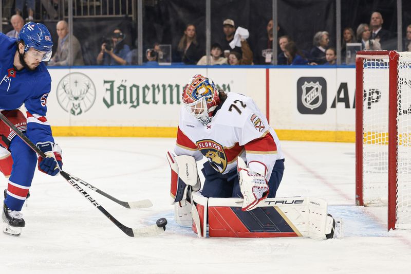 May 24, 2024; New York, New York, USA; Florida Panthers goaltender Sergei Bobrovsky (72) makes a save against New York Rangers defenseman Ryan Lindgren (55) during the second period in game two of the Eastern Conference Final of the 2024 Stanley Cup Playoffs at Madison Square Garden. Mandatory Credit: Vincent Carchietta-USA TODAY Sports