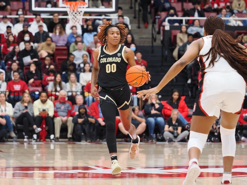 Jan 22, 2023; Stanford, California, USA; Colorado Buffaloes guard Jaylyn Sherrod (00) controls the ball against the Stanford Cardinal during the first quarter at Maples Pavilion. Mandatory Credit: Kelley L Cox-USA TODAY Sports