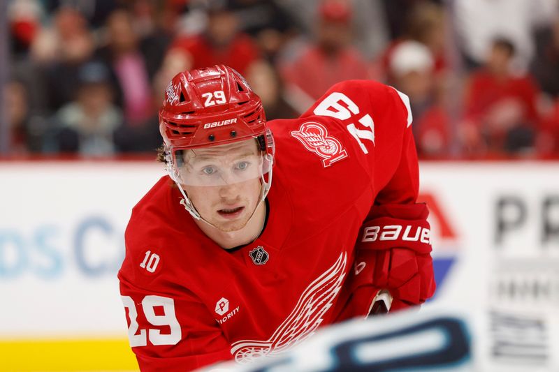 Nov 18, 2025; Detroit, Michigan, USA; Detroit Red Wings center Nate Danielson (29) skates on the ice in the second period against the Seattle Kraken at Little Caesars Arena. Mandatory Credit: Rick Osentoski-Imagn Images