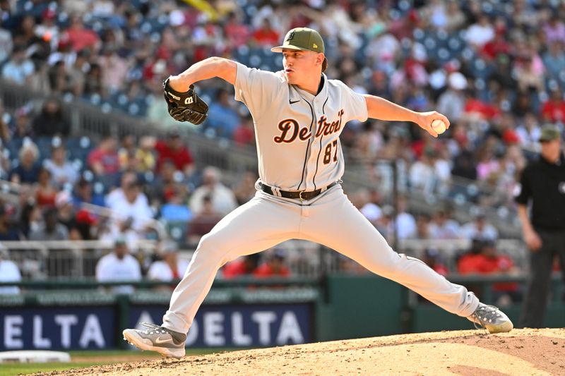 May 20, 2023; Washington, District of Columbia, USA; Detroit Tigers relief pitcher Tyler Holton (87) throws to the Washington Nationals during the seventh inning at Nationals Park. Mandatory Credit: Brad Mills-USA TODAY Sports