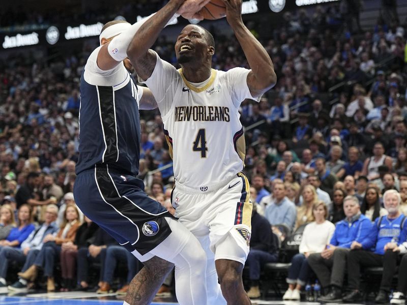 DALLAS, TX - November 19: Javonte Green #4 of the New Orleans Pelicans drives to the basket during the NBA Cup game against the Dallas Mavericks on November 19, 2024 at American Airlines Center in Dallas, Texas. NOTE TO USER: User expressly acknowledges and agrees that, by downloading and or using this photograph, User is consenting to the terms and conditions of the Getty Images License Agreement. Mandatory Copyright Notice: Copyright 2024 NBAE (Photo by Glenn James/NBAE via Getty Images)