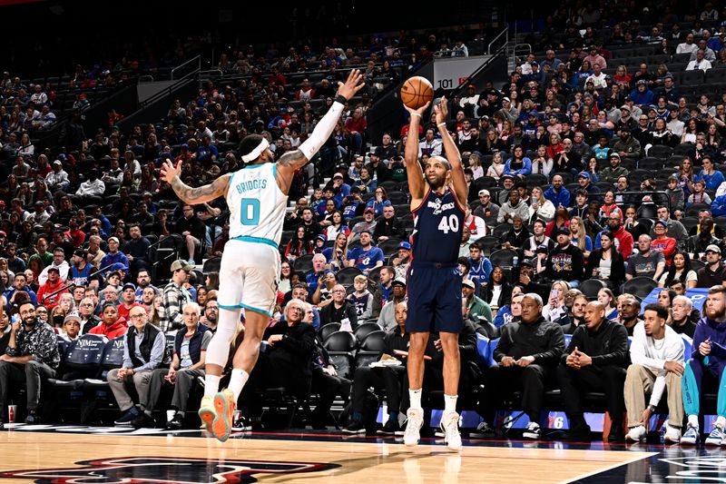 PHILADELPHIA, PA - MARCH 16: Nicolas Batum #40 of the Philadelphia 76ers shoots the ball during the game against the Charlotte Hornets on March 16, 2024 at the Wells Fargo Center in Philadelphia, Pennsylvania NOTE TO USER: User expressly acknowledges and agrees that, by downloading and/or using this Photograph, user is consenting to the terms and conditions of the Getty Images License Agreement. Mandatory Copyright Notice: Copyright 2024 NBAE (Photo by David Dow/NBAE via Getty Images)