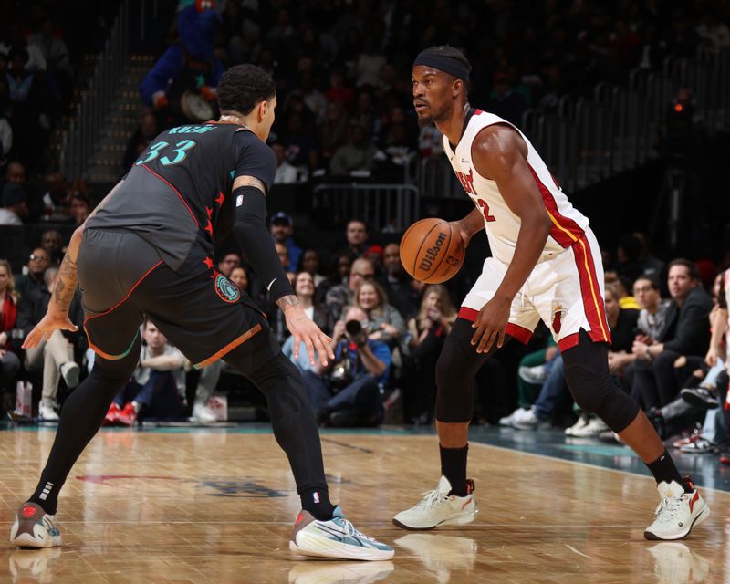 WASHINGTON, DC -?February 2: Jimmy Butler #22 of the Miami Heat dribbles the ball during the game against the Washington Wizards on February 2, 2024 at Capital One Arena in Washington, DC. NOTE TO USER: User expressly acknowledges and agrees that, by downloading and or using this Photograph, user is consenting to the terms and conditions of the Getty Images License Agreement. Mandatory Copyright Notice: Copyright 2024 NBAE (Photo by Stephen Gosling/NBAE via Getty Images)