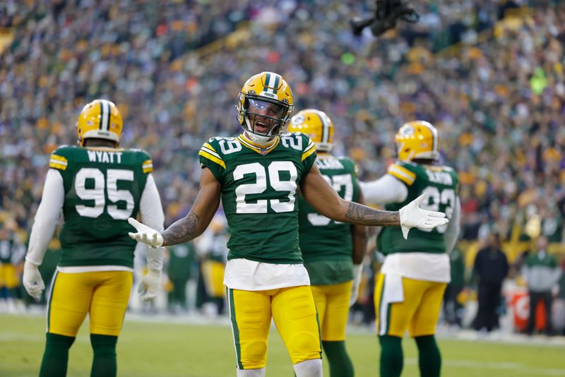 Green Bay Packers cornerback Rasul Douglas (29) gestures to the crowd during an NFL football game against the Minnesota Vikings Sunday, Jan.1, 2023, in Green Bay, Wis. (AP Photo/Matt Ludtke)