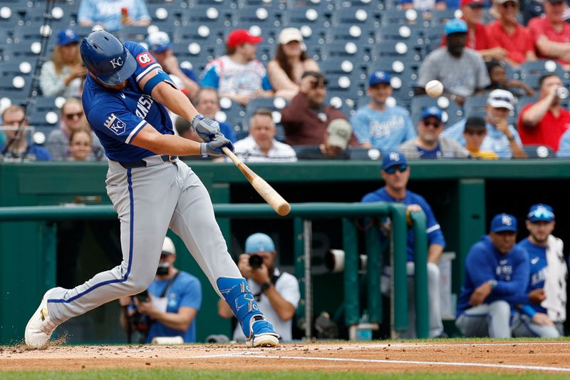 Sep 26, 2024; Washington, District of Columbia, USA; Kansas City Royals outfielder Hunter Renfroe (16) hits a solo home run against the Washington Nationals during the second inning at Nationals Park. Mandatory Credit: Geoff Burke-Imagn Images