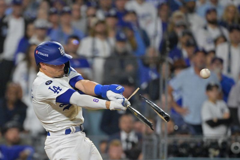 Oct 25, 2024; Los Angeles, California, USA; Los Angeles Dodgers third baseman Enrique Hernandez (8) flys out in the ninth inning against the New York Yankees during game one of the 2024 MLB World Series at Dodger Stadium. Mandatory Credit:  Jayne Kamin-Oncea-Imagn Images