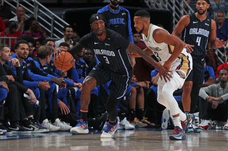 NEW ORLEANS, LA - OCTOBER 7: Kentavious Caldwell-Pope #5 of the Orlando Magic dribbles the ball during the game against the New Orleans Pelicans on October 7, 2024 at the Smoothie King Center in New Orleans, Louisiana. NOTE TO USER: User expressly acknowledges and agrees that, by downloading and or using this Photograph, user is consenting to the terms and conditions of the Getty Images License Agreement. Mandatory Copyright Notice: Copyright 2024 NBAE (Photo by Layne Murdoch Jr./NBAE via Getty Images)