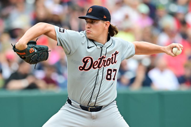 Jul 25, 2024; Cleveland, Ohio, USA; Detroit Tigers pitcher Tyler Holton (87) throws a pitch during the first inningb against the Cleveland Guardians at Progressive Field. Mandatory Credit: Ken Blaze-USA TODAY Sports