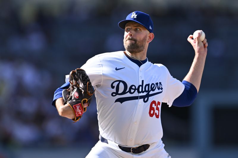 Jul 21, 2024; Los Angeles, California, USA; Los Angeles Dodgers pitcher James Paxton (65) throws a pitch against the Boston Red Sox during the fourth inning at Dodger Stadium. Mandatory Credit: Jonathan Hui-USA TODAY Sports