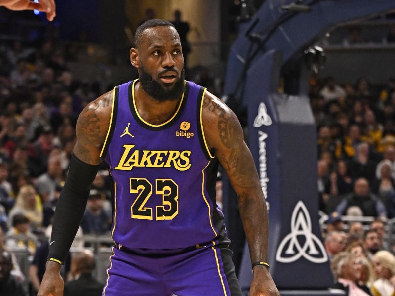 INDIANAPOLIS, IN - MARCH 29: LeBron James #23 of the Los Angeles Lakers looks on during the game against the Indiana Pacers on March 24, 2024 at Gainbridge Fieldhouse in Indianapolis, Indiana. NOTE TO USER: User expressly acknowledges and agrees that, by downloading and or using this Photograph, user is consenting to the terms and conditions of the Getty Images License Agreement. Mandatory Copyright Notice: Copyright 2024 NBAE (Photo by David Dow/NBAE via Getty Images)