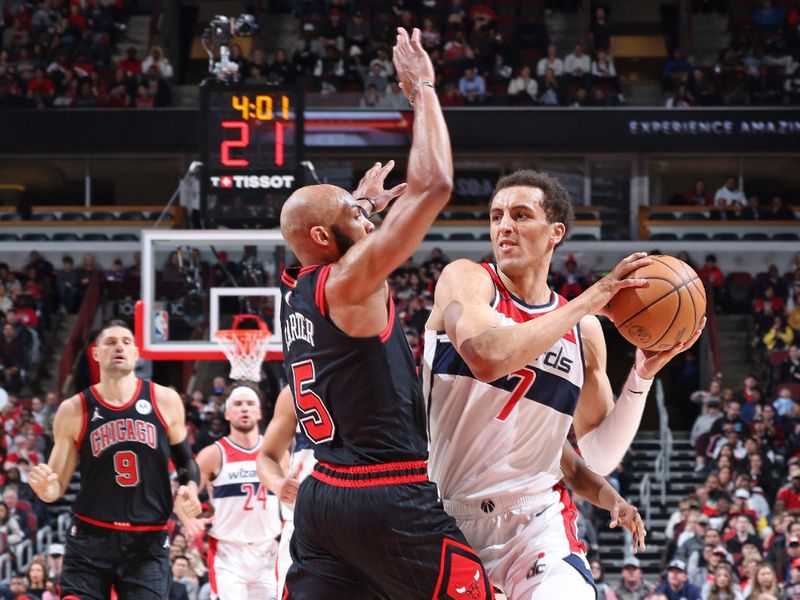 CHICAGO, IL - MARCH 25:  Patrick Baldwin #7 of the Washington Wizards drives to the basket during the game against the Chicago Bulls on March 25, 2024 at United Center in Chicago, Illinois. NOTE TO USER: User expressly acknowledges and agrees that, by downloading and or using this photograph, User is consenting to the terms and conditions of the Getty Images License Agreement. Mandatory Copyright Notice: Copyright 2024 NBAE (Photo by Jeff Haynes/NBAE via Getty Images)