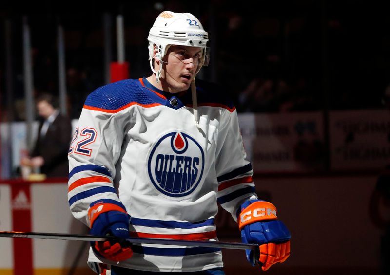 Feb 23, 2023; Pittsburgh, Pennsylvania, USA;  Edmonton Oilers defenseman Tyson Barrie (22) takes the ice against the Pittsburgh Penguins during the first period at PPG Paints Arena. Edmonton won 7-2. Mandatory Credit: Charles LeClaire-USA TODAY Sports