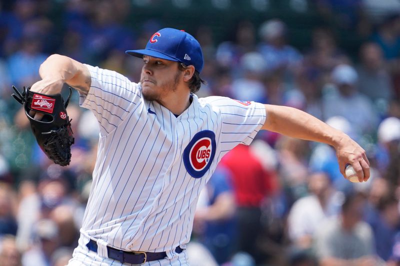 Jun 17, 2023; Chicago, Illinois, USA; Chicago Cubs starting pitcher Justin Steele (0) throws against the Baltimore Orioles during the first inning at Wrigley Field. Mandatory Credit: David Banks-USA TODAY Sports