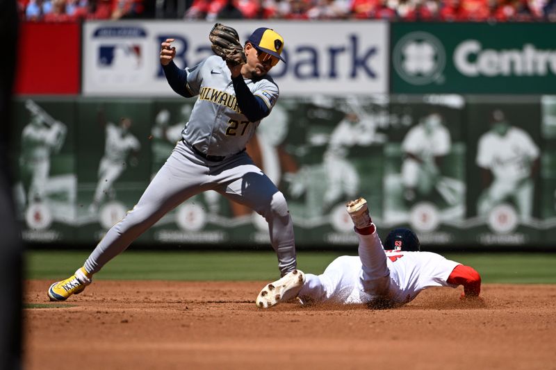 Apr 21, 2024; St. Louis, Missouri, USA; St. Louis Cardinals center fielder Michael Siani (63) safely steals second base ahead of the tag from Milwaukee Brewers shortstop Willy Adames (27) in the second inning at Busch Stadium. Mandatory Credit: Joe Puetz-USA TODAY Sports