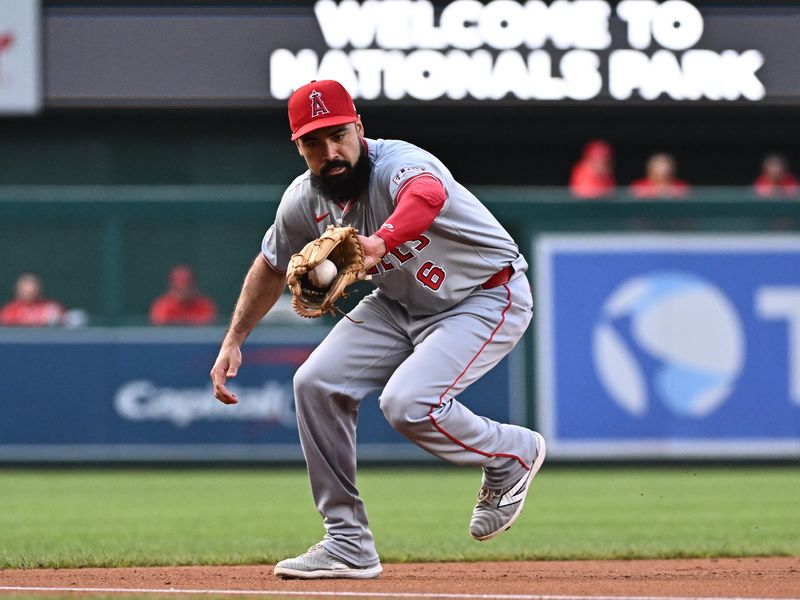 Aug 10, 2024; Washington, District of Columbia, USA;  Los Angeles Angels third baseman Anthony Rendon (6) fields the ball during the first inning against the Washington Nationals at Nationals Park. Mandatory Credit: James A. Pittman-USA TODAY Sports