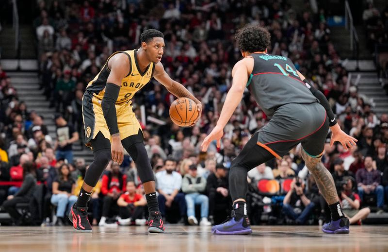 TORONTO, ON - APRIL 7: RJ Barrett #9 of the Toronto Raptors dribbles against the Washington Wizards during the second half of their basketball game at the Scotiabank Arena on April 7, 2024 in Toronto, Ontario, Canada. NOTE TO USER: User expressly acknowledges and agrees that, by downloading and/or using this Photograph, user is consenting to the terms and conditions of the Getty Images License Agreement. (Photo by Mark Blinch/Getty Images)