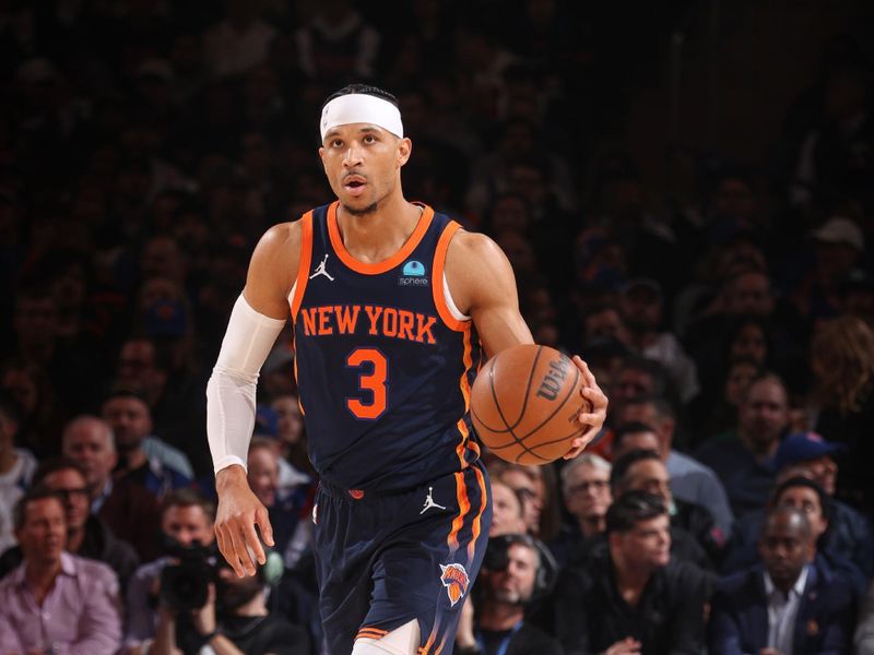 NEW YORK, NY - APRIL 22:  Josh Hart #3 of the New York Knicks handles the ball during the game  against the Philadelphia 76ers during Round 1 Game 2 of the 2024 NBA Playoffs on April 22, 2024 at Madison Square Garden in New York City, New York.  NOTE TO USER: User expressly acknowledges and agrees that, by downloading and or using this photograph, User is consenting to the terms and conditions of the Getty Images License Agreement. Mandatory Copyright Notice: Copyright 2024 NBAE  (Photo by Nathaniel S. Butler/NBAE via Getty Images)