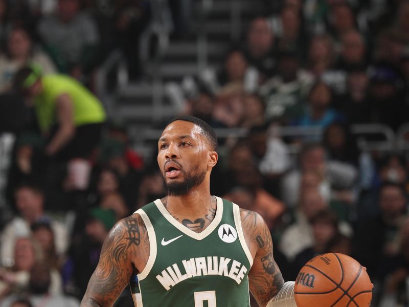 MILWAUKEE, WI - APRIL 21: Damian Lillard #0 of the Milwaukee Bucks dribbles the ball during the game against the Indiana Pacers during Round 1 Game 1 of the 2024 NBA Playoffs on April 21, 2024 at the Fiserv Forum Center in Milwaukee, Wisconsin. NOTE TO USER: User expressly acknowledges and agrees that, by downloading and or using this Photograph, user is consenting to the terms and conditions of the Getty Images License Agreement. Mandatory Copyright Notice: Copyright 2024 NBAE (Photo by Gary Dineen/NBAE via Getty Images).