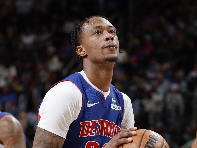 DETROIT, MI - MARCH 23: Ron Holland II #00 of the Detroit Pistons prepares to shoot a free throw during the game against the New Orleans Pelicans on March 23, 2025 at Little Caesars Arena in Detroit, Michigan. NOTE TO USER: User expressly acknowledges and agrees that, by downloading and/or using this photograph, User is consenting to the terms and conditions of the Getty Images License Agreement. Mandatory Copyright Notice: Copyright 2025 NBAE (Photo by Brian Sevald/NBAE via Getty Images)