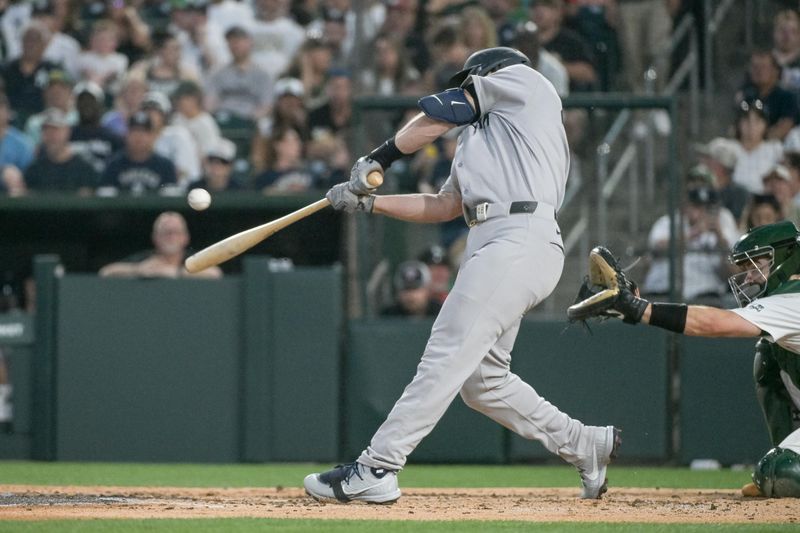 May 9, 2025; West Sacramento, California, USA; New York Yankees first baseman Paul Goldschmidt (48) hits a single against the Athletics during the fifth inning at Sutter Health Park. Mandatory Credit: Ed Szczepanski-Imagn Images