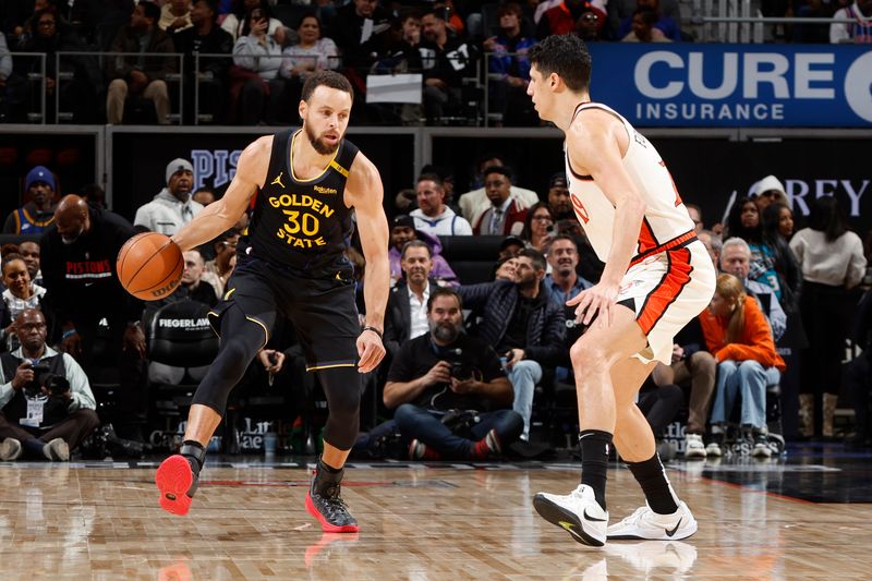 DETROIT, MI - JANUARY 09:  Stephen Curry #30 of the Golden State Warriors handles the ball during the game against the Detroit Pistons on January 09, 2025 at Little Caesars Arena in Detroit, Michigan. NOTE TO USER: User expressly acknowledges and agrees that, by downloading and/or using this photograph, User is consenting to the terms and conditions of the Getty Images License Agreement. Mandatory Copyright Notice: Copyright 2025 NBAE (Photo by Brian Sevald/NBAE via Getty Images)