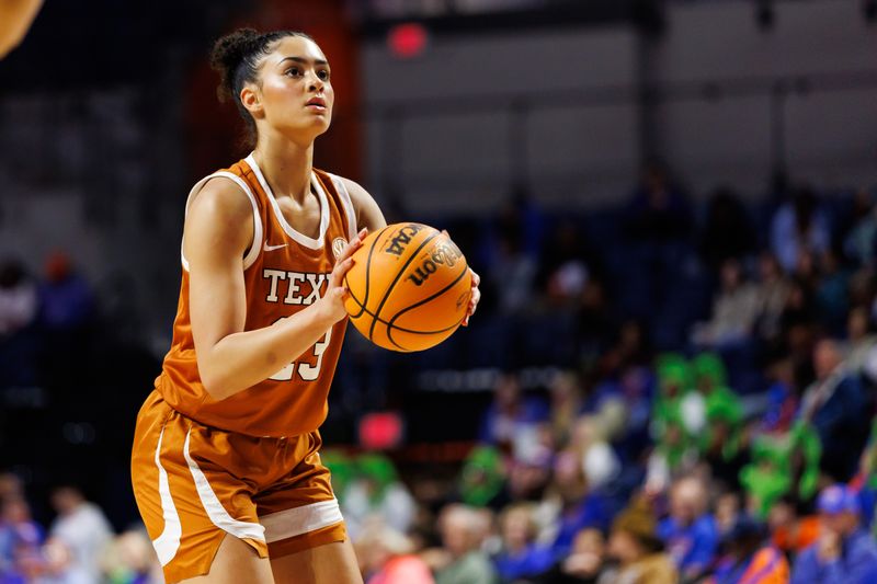 Jan 29, 2026; Gainesville, Florida, USA; Texas Longhorns guard Aaliyah Crump (23) makes a free throw against the Florida Gators during the second half at Exactech Arena at the Stephen C. O'Connell Center. Mandatory Credit: Matt Pendleton-Imagn Images