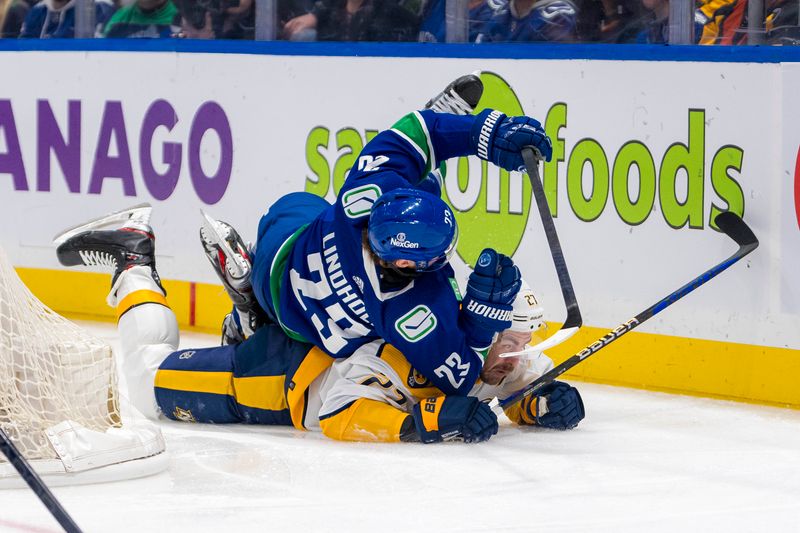 Apr 21, 2024; Vancouver, British Columbia, CAN; Vancouver Canucks forward Elias Lindholm (23) collides with Nashville Predators defenseman Ryan McDonagh (27) in the first period in game one of the first round of the 2024 Stanley Cup Playoffs at Rogers Arena. Mandatory Credit: Bob Frid-USA TODAY Sports