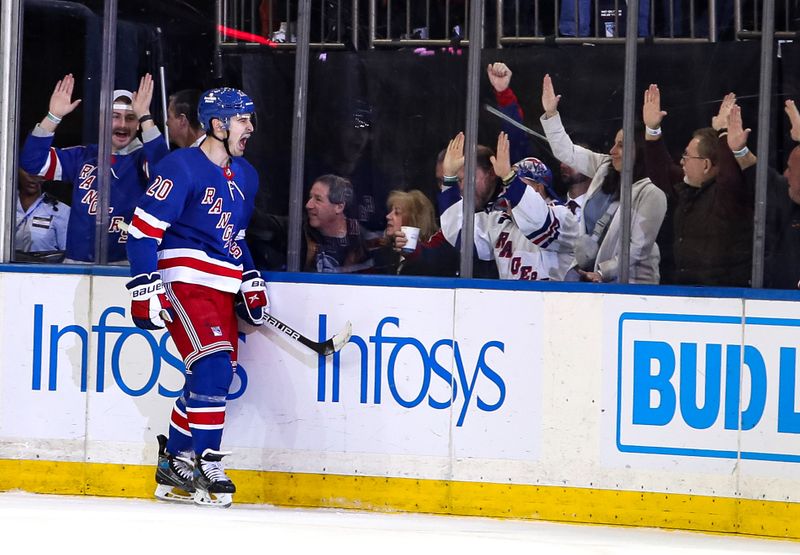 Nov 25, 2023; New York, New York, USA; New York Rangers left wing Chris Kreider (20) celebrates after scoring a short-handed goal against the Boston Bruins during the first period at Madison Square Garden. Mandatory Credit: Danny Wild-USA TODAY Sports