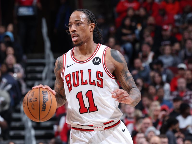 CHICAGO, IL - FEBRUARY 3: DeMar DeRozan #11 of the Chicago Bulls dribbles the ball during the game against the Sacramento Kings on February 3, 2024 at United Center in Chicago, Illinois. NOTE TO USER: User expressly acknowledges and agrees that, by downloading and or using this photograph, User is consenting to the terms and conditions of the Getty Images License Agreement. Mandatory Copyright Notice: Copyright 2024 NBAE (Photo by Jeff Haynes/NBAE via Getty Images)