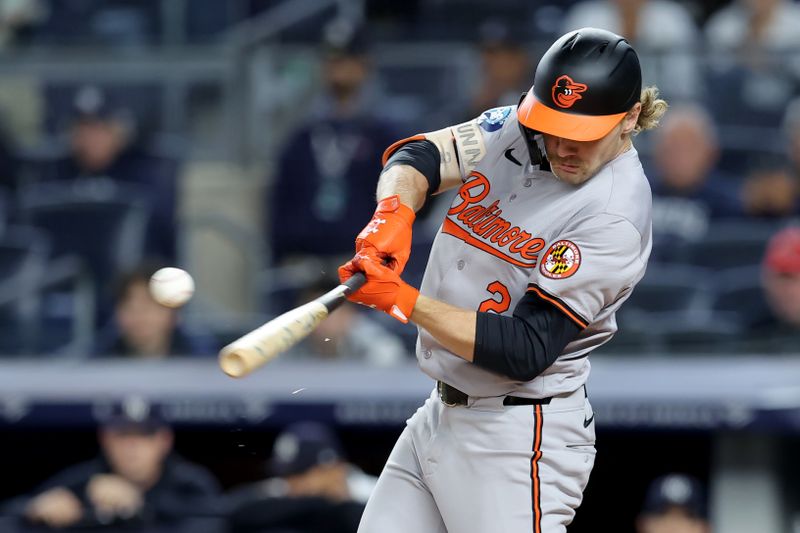 Sep 25, 2024; Bronx, New York, USA; Baltimore Orioles shortstop Gunnar Henderson (2) breaks his bat hitting a single against the New York Yankees during the first inning at Yankee Stadium. Mandatory Credit: Brad Penner-Imagn Images