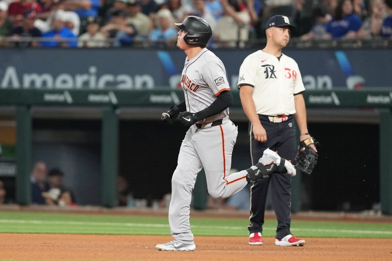 Jun 7, 2024; Arlington, Texas, USA; San Francisco Giants first baseman Wilmer Flores (41) circles the bases on his home run against the Texas Rangers during the fourth inning at Globe Life Field. Mandatory Credit: Jim Cowsert-USA TODAY Sports