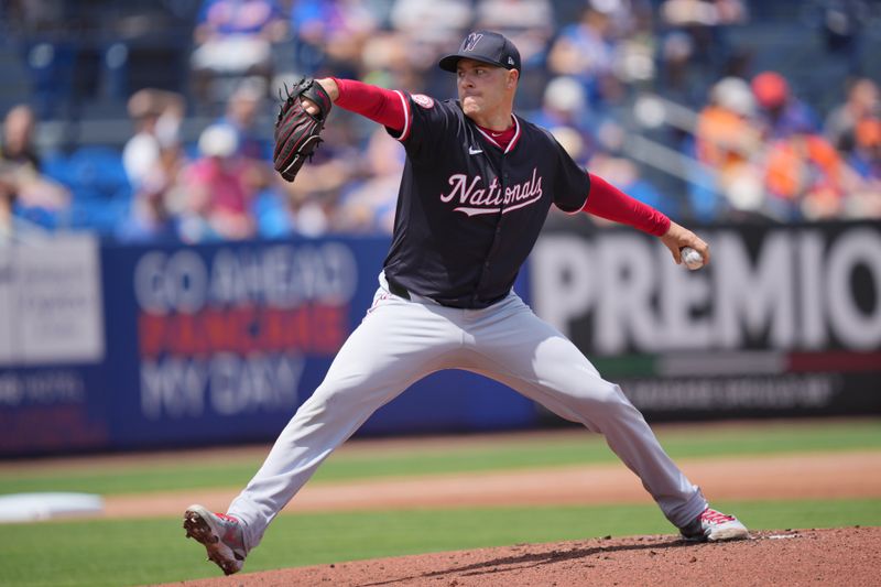 Mar 24, 2024; Port St. Lucie, Florida, USA;  Washington Nationals starting pitcher Patrick Corbin (46) pitches against the New York Mets in the first inning at Clover Park. Mandatory Credit: Jim Rassol-USA TODAY Sports