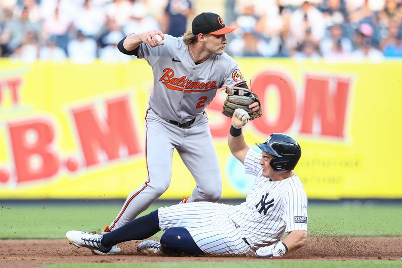 Jun 19, 2024; Bronx, New York, USA;  Baltimore Orioles shortstop Gunnar Henderson (2) throws past New York Yankees shortstop Anthony Volpe (11) while attempting to complete a double play in the first inning at Yankee Stadium. Mandatory Credit: Wendell Cruz-USA TODAY Sports