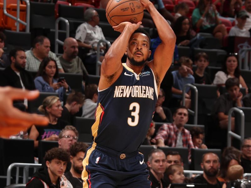 MIAMI, FL - OCTOBER 13: CJ McCollum #3 of the New Orleans Pelicans shoots a three point basket during the game against the Miami Heat during a NBA pre season game on October 13, 2024 at Kaseya Center in Miami, Florida. NOTE TO USER: User expressly acknowledges and agrees that, by downloading and or using this Photograph, user is consenting to the terms and conditions of the Getty Images License Agreement. Mandatory Copyright Notice: Copyright 2024 NBAE (Photo by Issac Baldizon/NBAE via Getty Images)