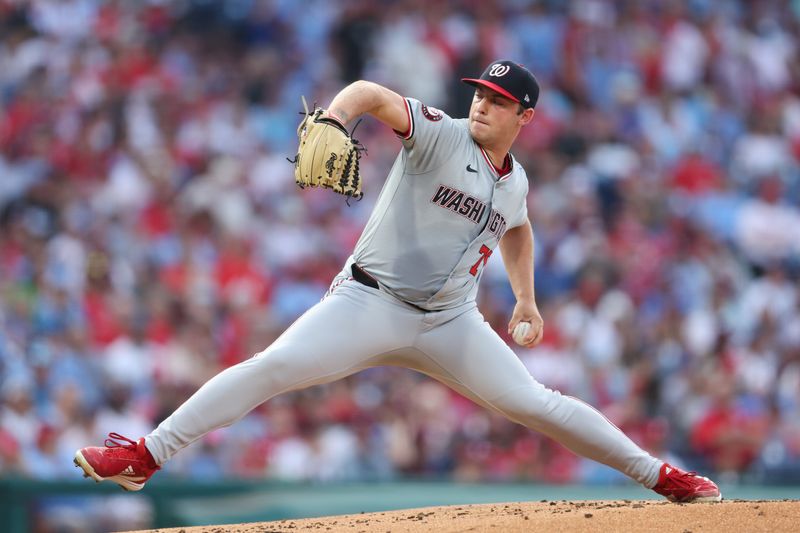 Aug 15, 2024; Philadelphia, Pennsylvania, USA; Washington Nationals pitcher Mitchell Parker (70) throws a pitch during the first inning against the Philadelphia Phillies at Citizens Bank Park. Mandatory Credit: Bill Streicher-USA TODAY Sports