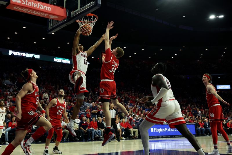 Jan 6, 2024; Tucson, Arizona, USA; Arizona Wildcats forward Keshad Johnson (16) makes a basket against Utah Utes center Lawson Lovering (34) during the second half at McKale Center. Mandatory Credit: Zachary BonDurant-USA TODAY Sports