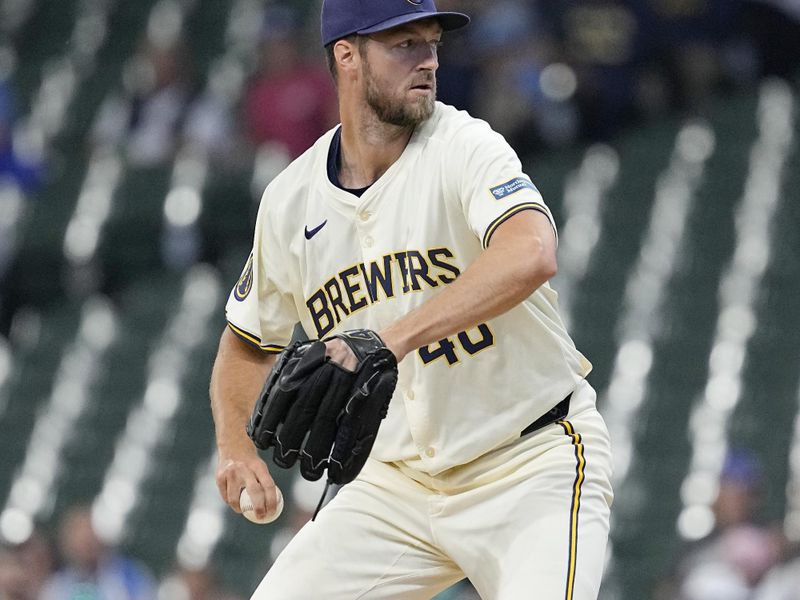 Jun 10, 2024; Milwaukee, Wisconsin, USA;  Milwaukee Brewers pitcher Colin Rea (48) throws a pitch during the first inning against the Toronto Blue Jays at American Family Field. Mandatory Credit: Jeff Hanisch-USA TODAY Sports