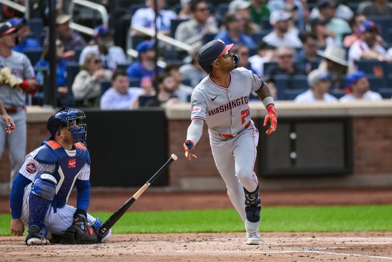 Sep 21, 2025; New York City, New York, USA; Washington Nationals shortstop Nasim Nunez (26) watches his two run home run against the New York Mets during the second inning at Citi Field. Mandatory Credit: John Jones-Imagn Images