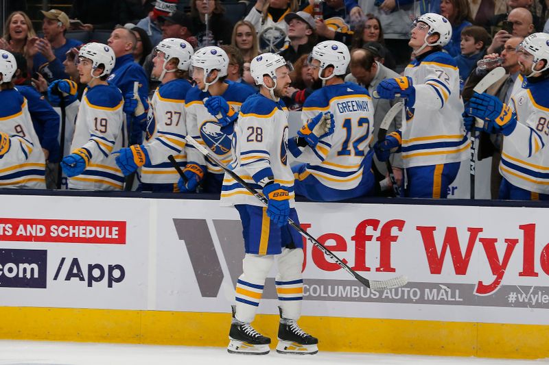 Feb 23, 2024; Columbus, Ohio, USA; Buffalo Sabres left wing Zemgus Girgensons (28) celebrates his goal against the Columbus Blue Jackets during the first period at Nationwide Arena. Mandatory Credit: Russell LaBounty-USA TODAY Sports