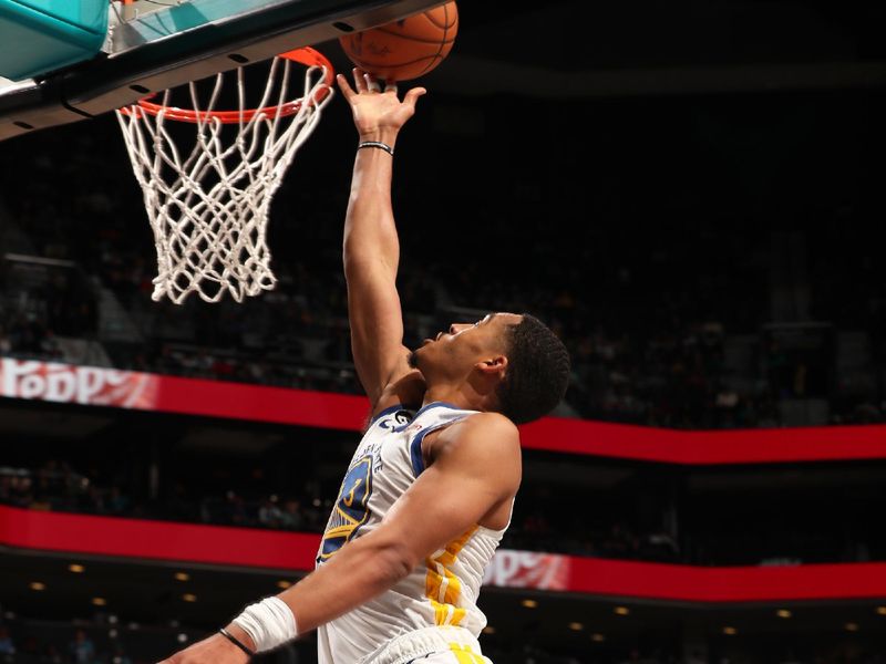 CHARLOTTE, NC -OCTOBER 29: Jordan Poole #3 of the Golden State Warriors shoots the ball during the game against the Charlotte Hornets on October 29, 2022 at Spectrum Center in Charlotte, North Carolina. NOTE TO USER: User expressly acknowledges and agrees that, by downloading and or using this photograph, User is consenting to the terms and conditions of the Getty Images License Agreement. Mandatory Copyright Notice: Copyright 2022 NBAE (Photo by Kent Smith/NBAE via Getty Images)