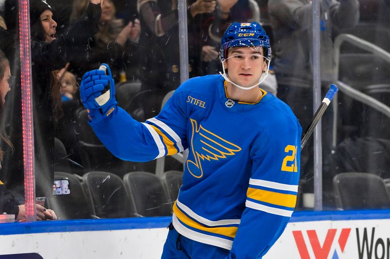Oct 30, 2025; St. Louis, Missouri, USA; St. Louis Blues right wing Jimmy Snuggerud (21) reacts after scoring against the Vancouver Canucks during the second period at Enterprise Center. Mandatory Credit: Jeff Curry-Imagn Images