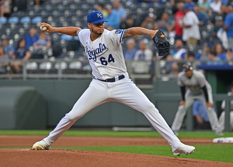 Sep 19, 2023; Kansas City, Missouri, USA; Kansas City Royals starting pitcher Steven Cruz (64) delivers a pitch in the first inning against the Cleveland Guardians at Kauffman Stadium. Mandatory Credit: Peter Aiken-USA TODAY Sports