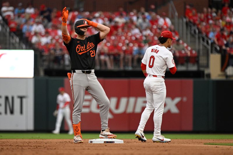 May 21, 2024; St. Louis, Missouri, USA; Baltimore Orioles’ Kyle Stowers (28) gestures to the bench after hitting a double against the St. Louis Cardinals during the third inning at Busch Stadium. Mandatory Credit: Jeff Le-USA TODAY Sports