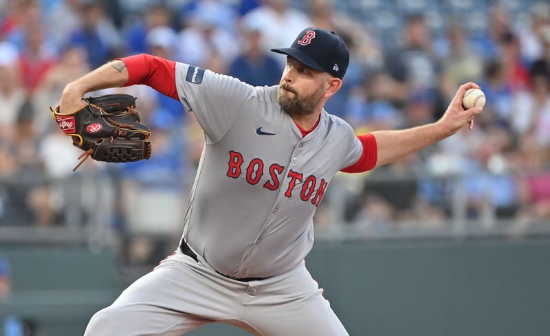 Aug 5, 2024; Kansas City, Missouri, USA;  Boston Red Sox starting pitcher James Paxton (65) delivers a pitch in the first inning the Kansas City Royals at Kauffman Stadium. Mandatory Credit: Peter Aiken-USA TODAY Sports