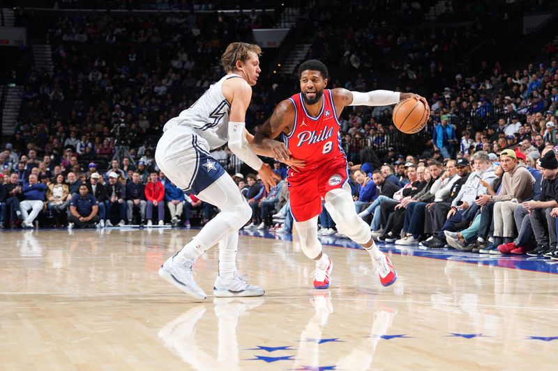 PHILADELPHIA, PA - DECEMBER 6: Paul George #8 of the Philadelphia 76ers dribbles the ball during the game against the Orlando Magic on December 6, 2024 at the Wells Fargo Center in Philadelphia, Pennsylvania NOTE TO USER: User expressly acknowledges and agrees that, by downloading and/or using this Photograph, user is consenting to the terms and conditions of the Getty Images License Agreement. Mandatory Copyright Notice: Copyright 2024 NBAE (Photo by Jesse D. Garrabrant/NBAE via Getty Images)