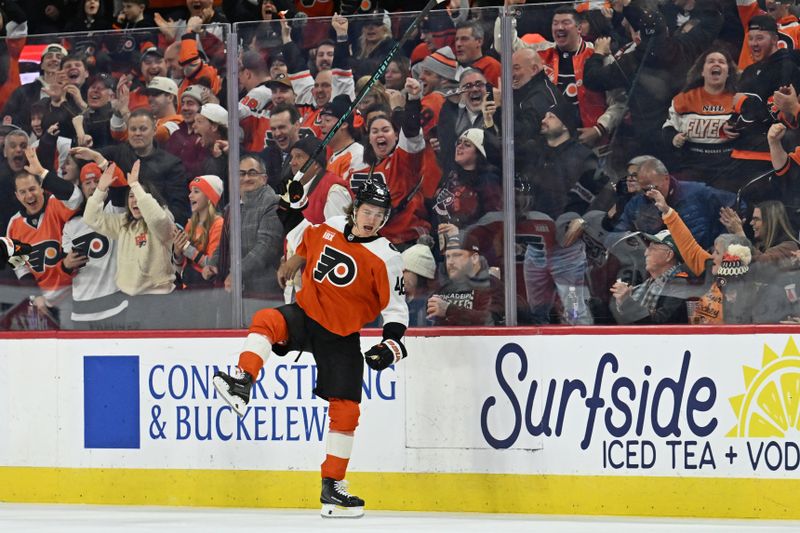 Jan 6, 2026; Philadelphia, Pennsylvania, USA; Philadelphia Flyers center Trevor Zegras (46) reacts after scoring goal against the Anaheim Ducks during the first period at Xfinity Mobile Arena. Mandatory Credit: Eric Hartline-Imagn Images