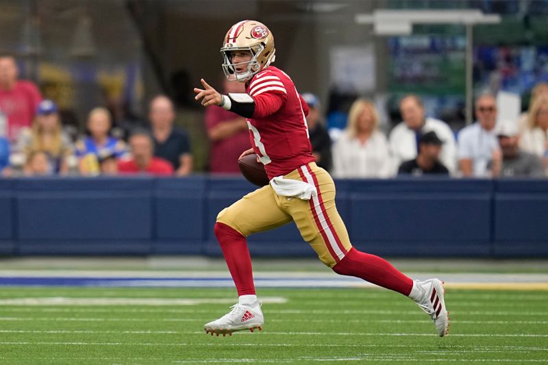 San Francisco 49ers quarterback Brock Purdy during the first half of an NFL football game Los Angeles Rams Sunday, Sept. 17, 2023, in Inglewood, Calif. (AP Photo/Gregory Bull)