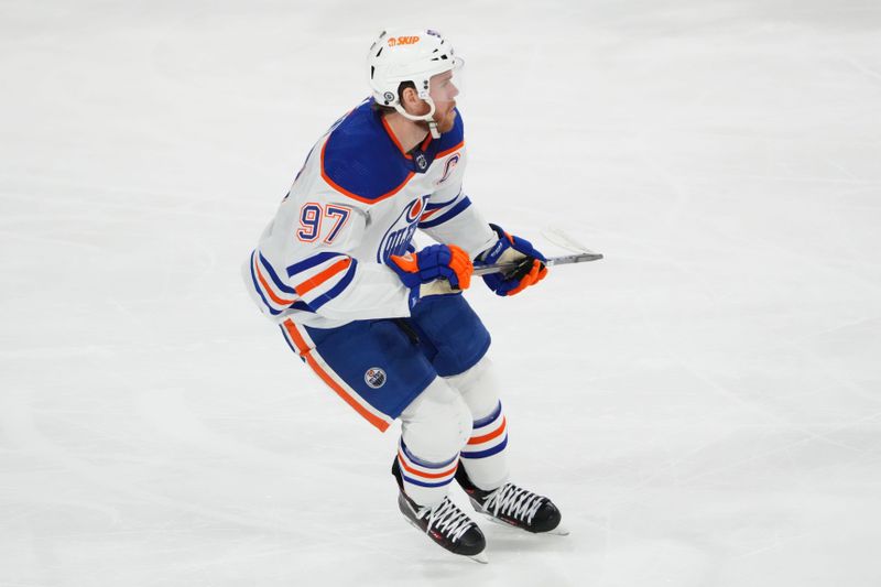 Feb 19, 2024; Tempe, Arizona, USA; Edmonton Oilers center Connor McDavid (97) skates against the Arizona Coyotes during the first period at Mullett Arena. Mandatory Credit: Joe Camporeale-USA TODAY Sports