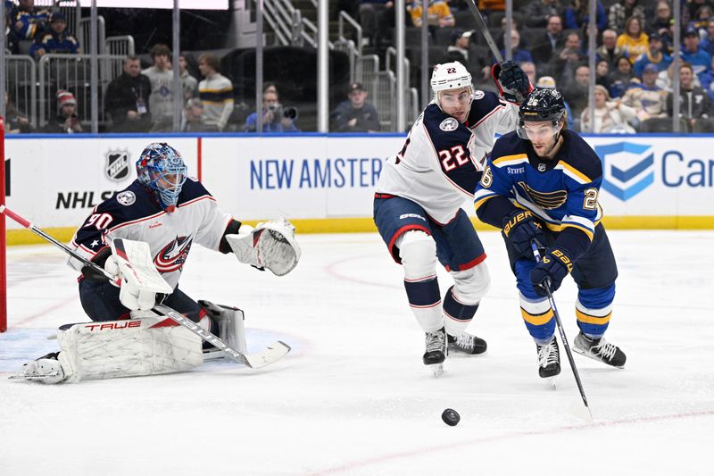 Jan 30, 2024; St. Louis, Missouri, USA; Columbus Blue Jackets goaltender Elvis Merzlikins (90) and defenseman Jake Bean (22) defend the net from St. Louis Blues left wing Nathan Walker (26) during the second period at Enterprise Center. Mandatory Credit: Jeff Le-USA TODAY Sports